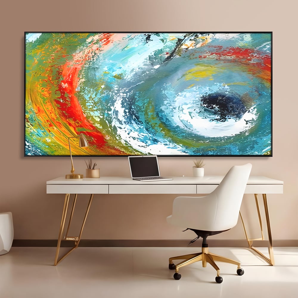 Tablou canvas cu pictura abstracta cu vartej de culori, in rama de aluminiu negru, pe perete intr-un birou